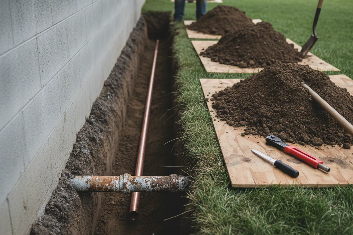 Excavated water line trench during Sewer Line Repair in Littlerock